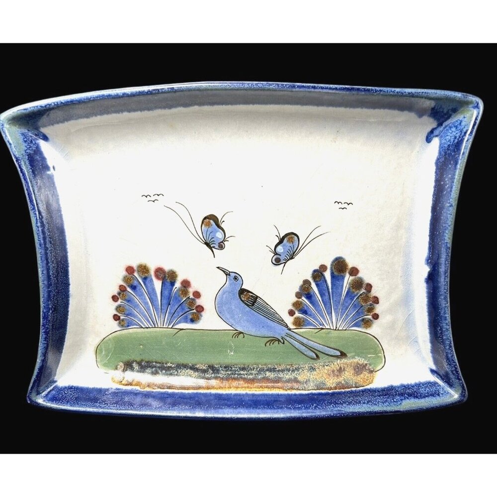 Vintage Tonala Mexican Pottery 7.5”x10”x1" Bird Tray Ken Edwards Bird Butterfly